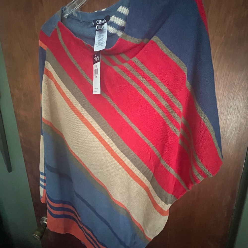 Chaps Striped Knit Wrap/Poncho in Red, Navy & Tan